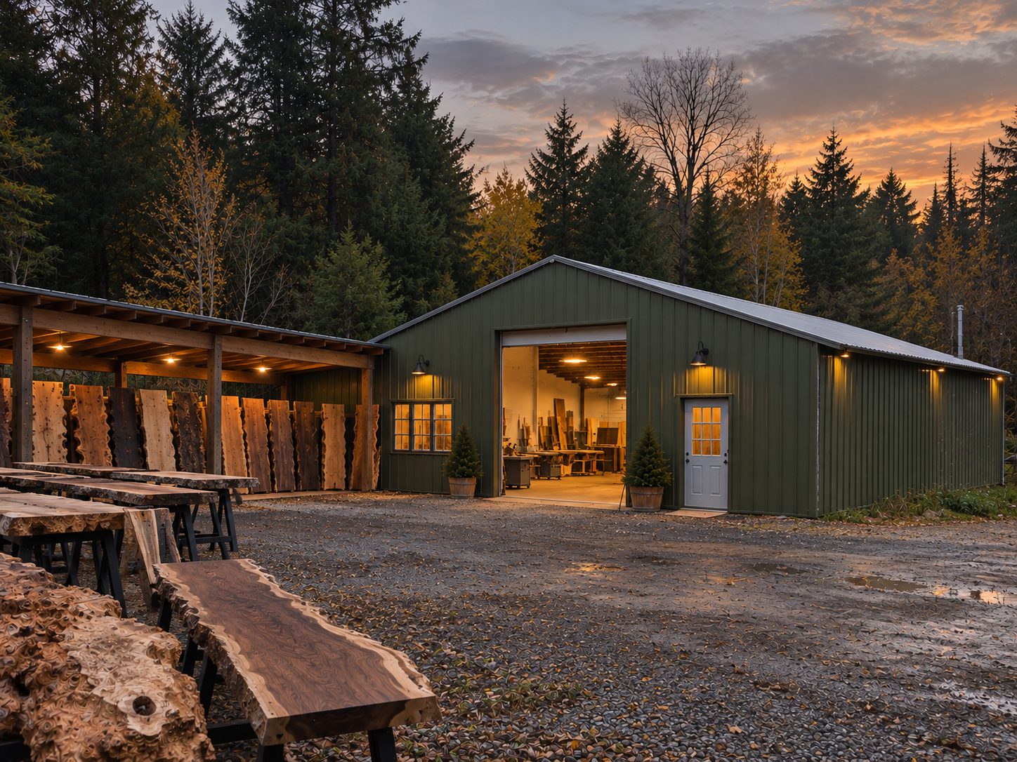 Trout Lumber's green shop building at dusk with a rack of live edge slabs out front